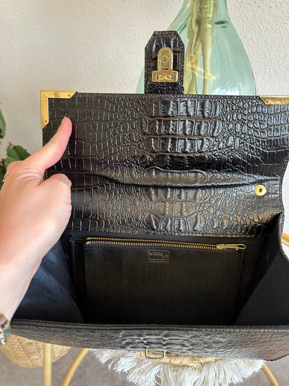 Sac porté épaule ou à main en cuir croco vintage, fabriqué en France