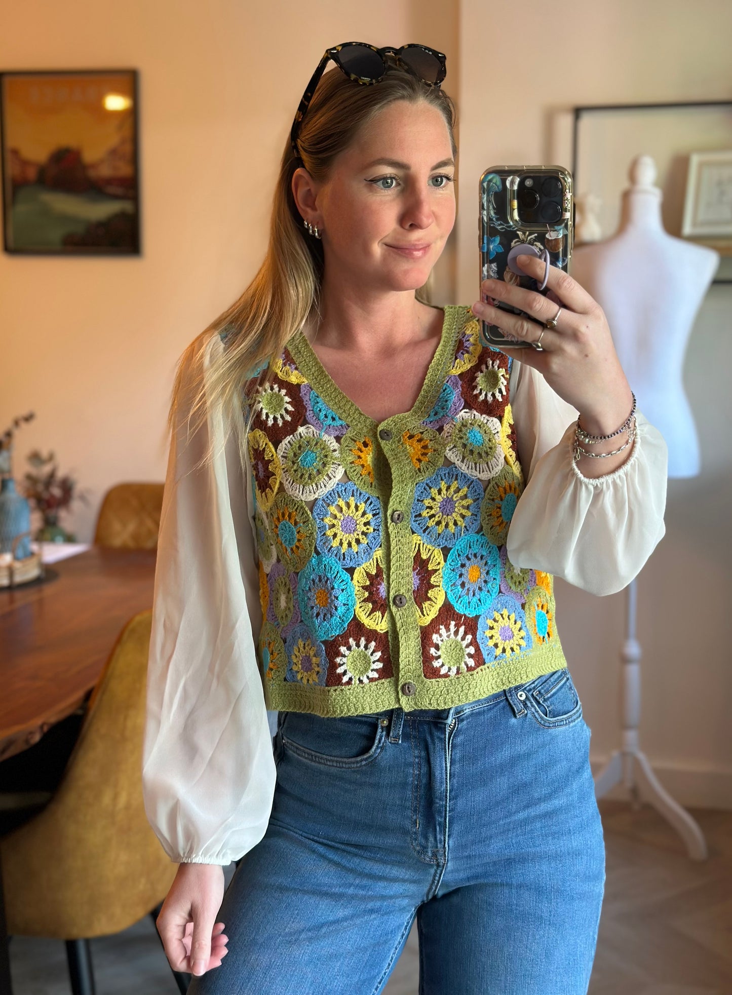 Cardigan crochet vert multicolore neuf T.36