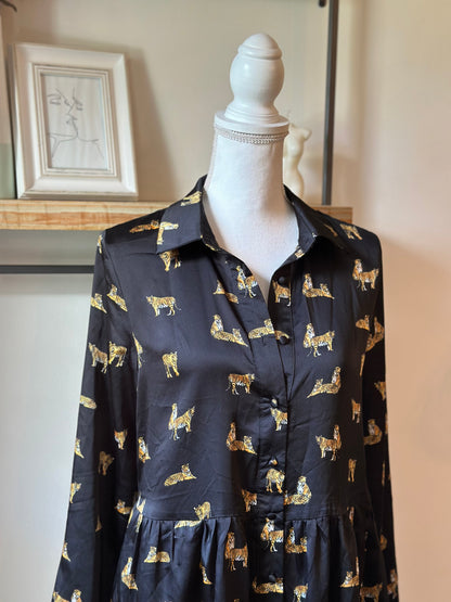 Robe courte fluide imprimé tigre noir et doré T.36