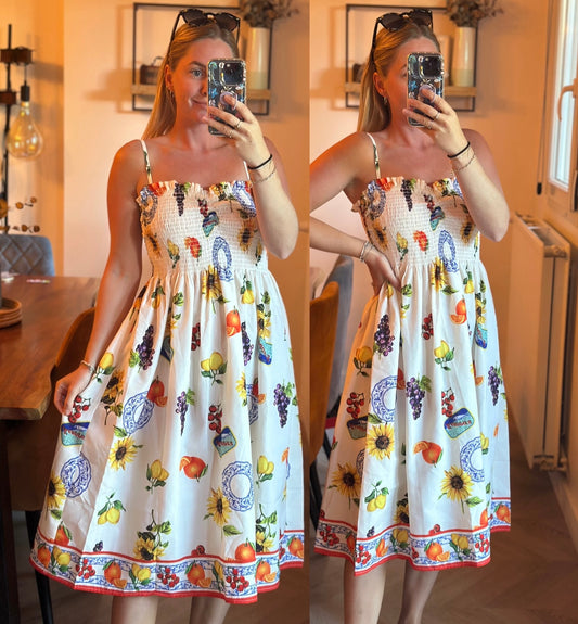 Robe d’été mi-longue imprimé fruits colorés T.36