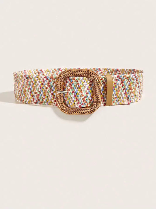 Ceinture tressée multicolore avec boucle carrée, bohème chic & estival