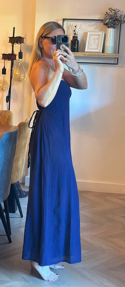 Robe longue bustier en gaze de coton bleu marine T.38
