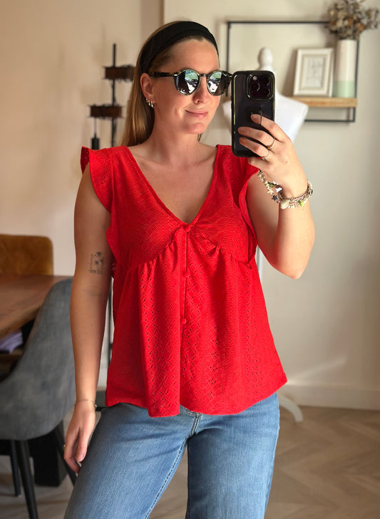 Blouse rouge broderie ajourée T.38