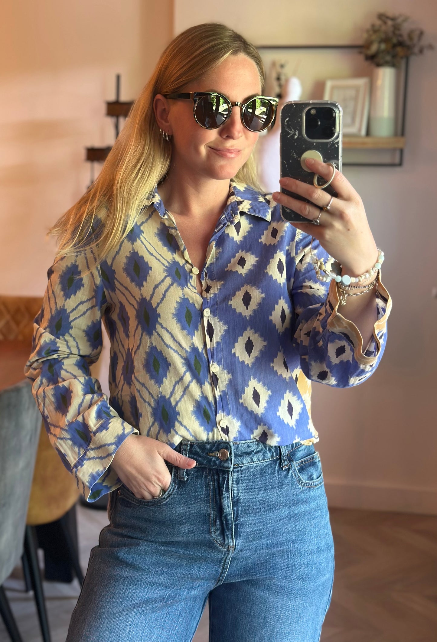 Chemise imprimé ethnique bleu & écru T.34