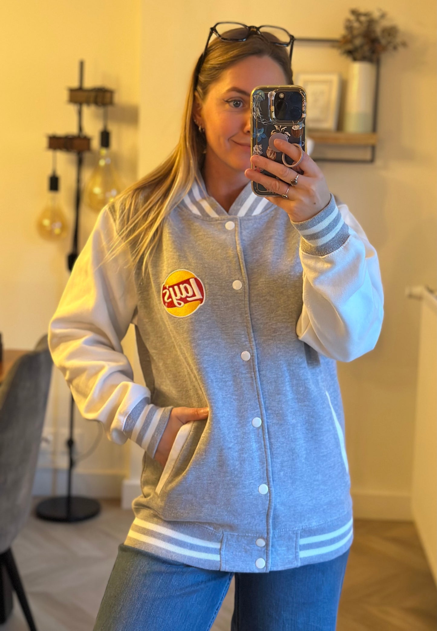 Veste teddy varsity gris et blanc logo Lay’s brodé T.38/40