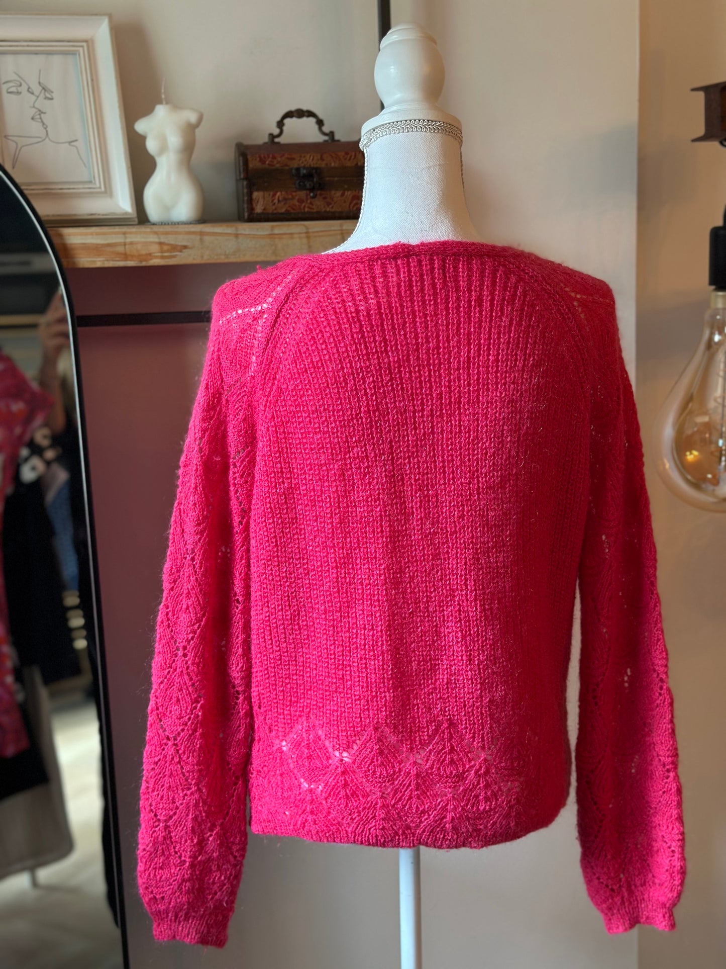 Pull maille ajourée rose mohair T.38/40