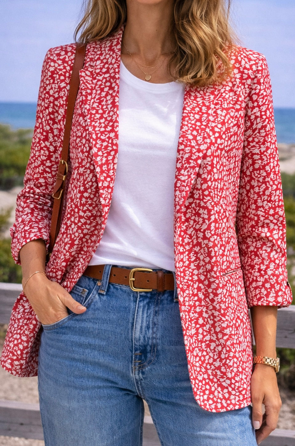Blazer fluide imprimé rouge et blanc T36 oversize