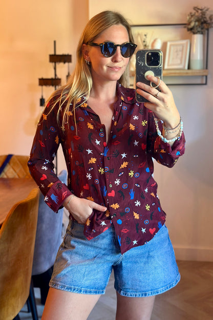Chemise à motifs  imprimée en soie bordeaux multicolore T.36