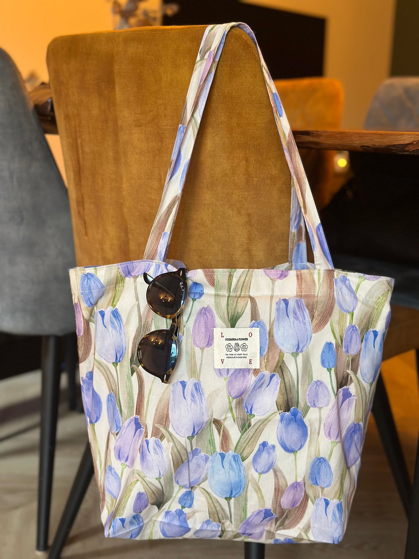 Sac tote bag en tissu imprimé de tulipes lila bleu neuf