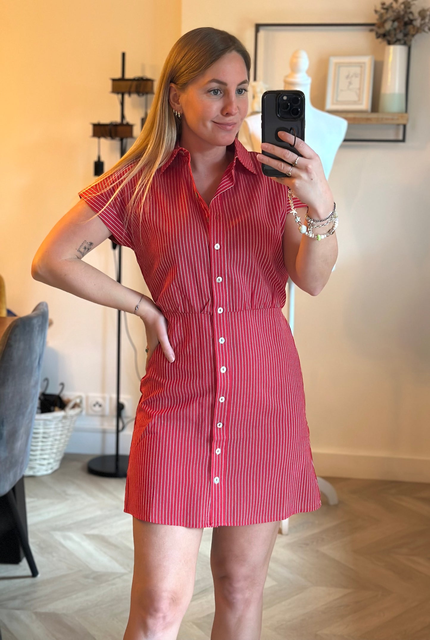 Robe chemise rayée rouge coton lyocell T.34 neuf avec étiquette