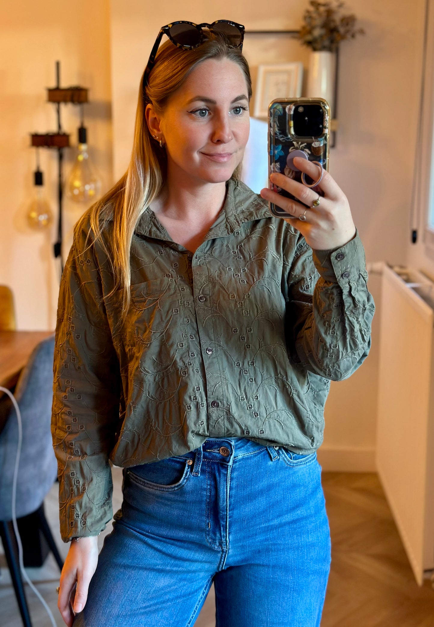 Chemise brodée kaki coton T.36 oversize