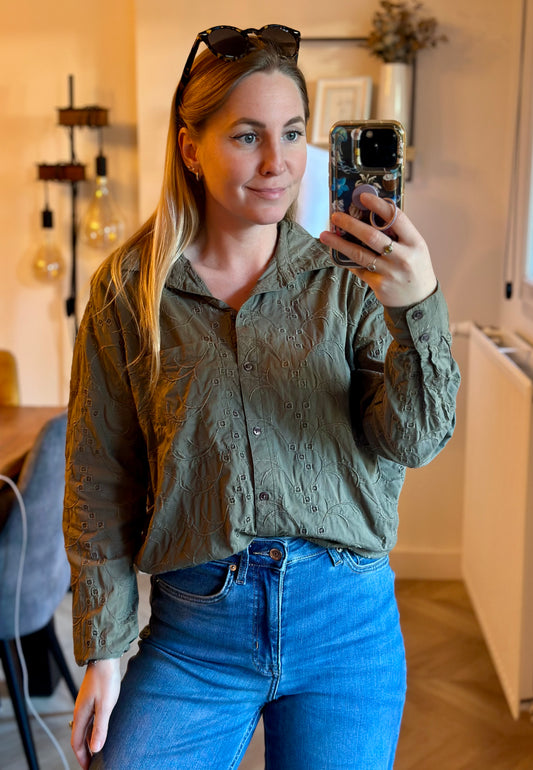 Chemise brodée kaki coton T.36 oversize