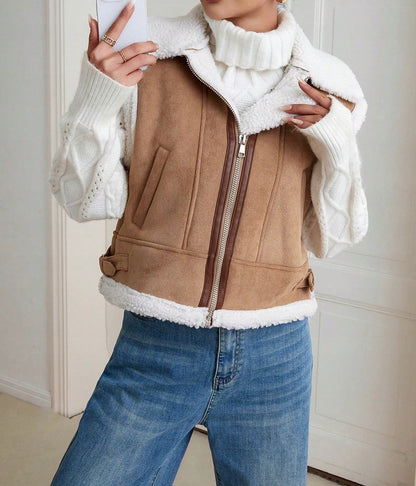 Veste sans manches style peau retournée beige et écru T.34