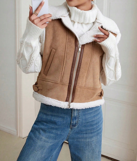 Veste sans manches style peau retournée beige et écru T.34