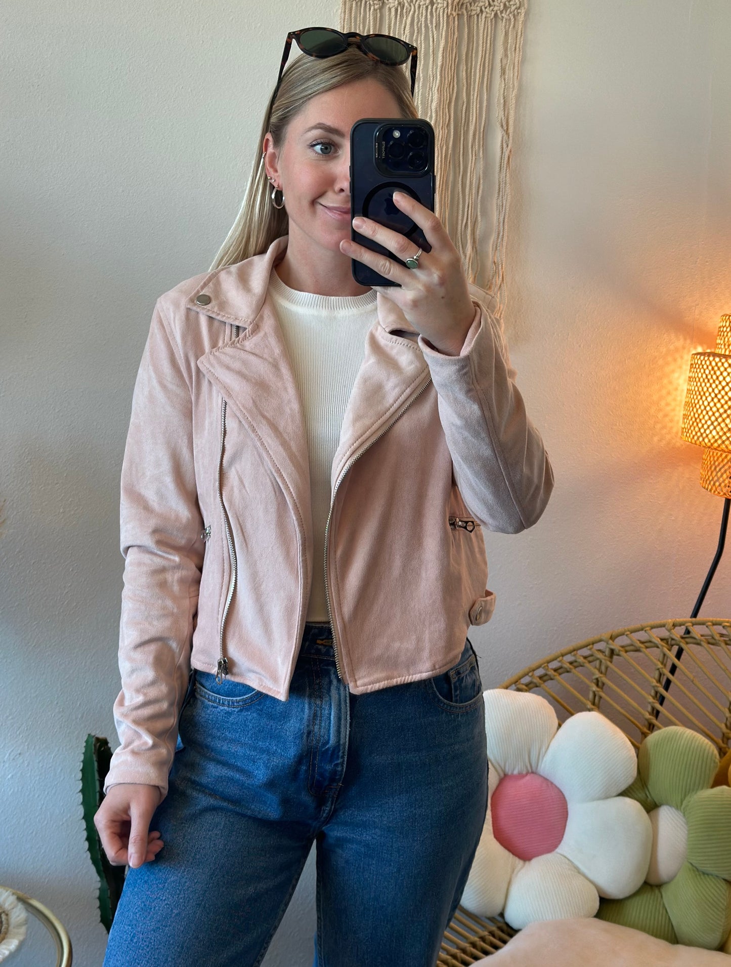 Veste perfecto en suédine rose clair, T.38