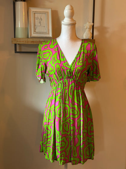 Robe fluide imprimé rose et verte en viscose T.36/38
