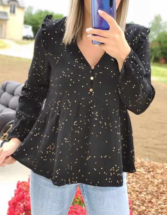 Blouse fluide en gaze de coton à pois dorés T.36/38