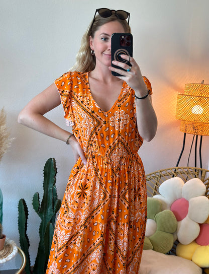 Robe fluide à coupe longue, motifs bandana orange et blanc, T.36