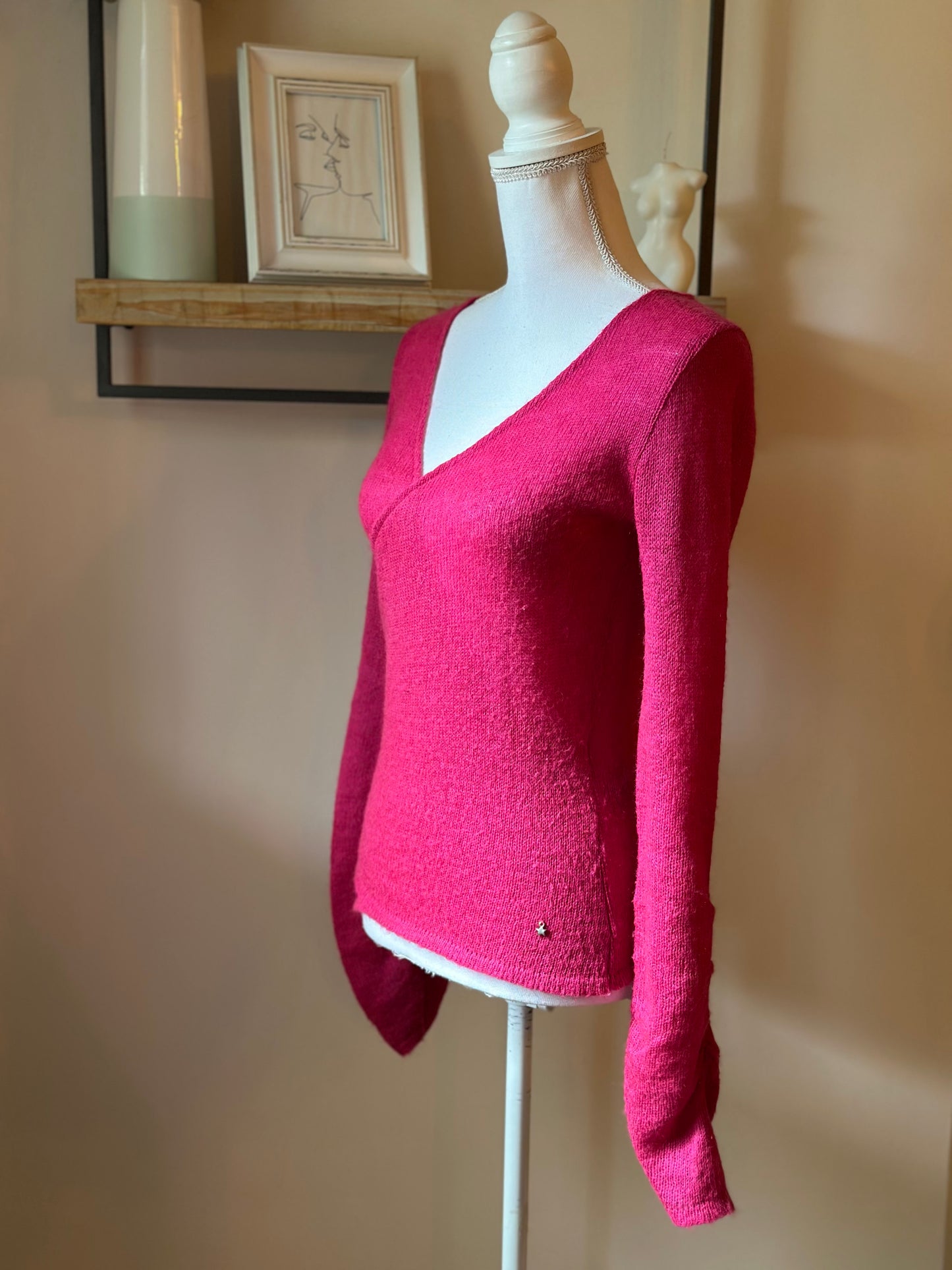 Pull maille fine mohair rose col cache-cœur T.36