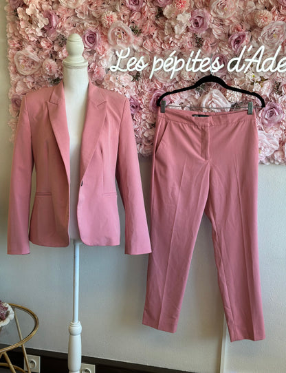 Ensemble de tailleur deux pièces blazer + pantalon rose clair T.38/40