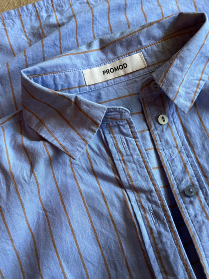 Chemise rayée bleu ciel et camel en coton bio T.34 oversize