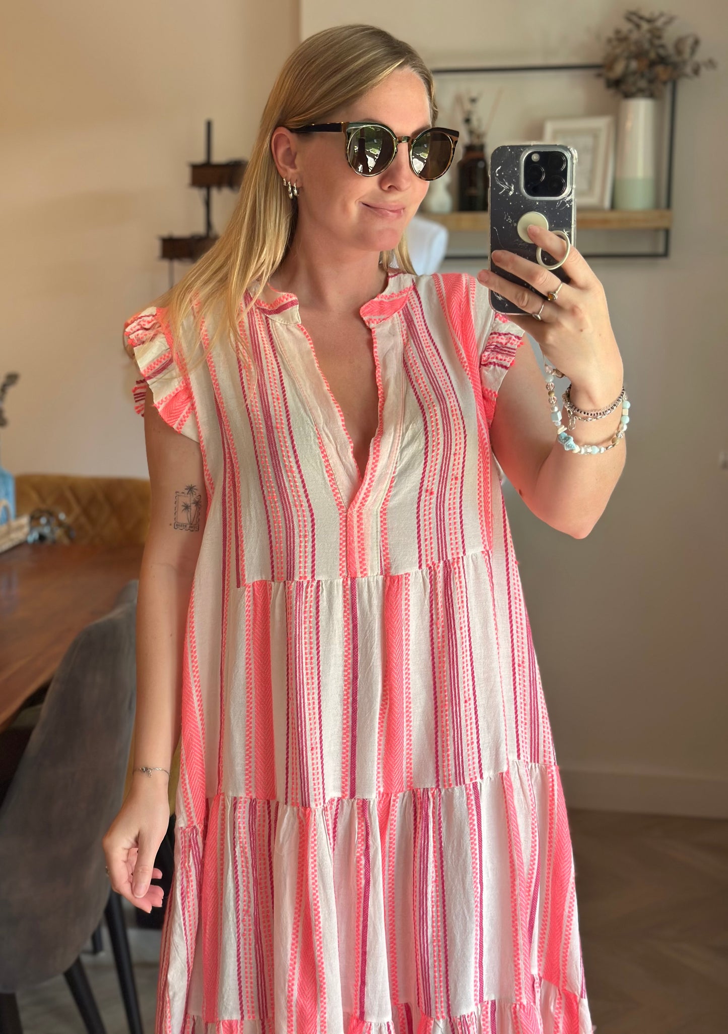 Robe bohème rayée rose fluo coton viscose T.U