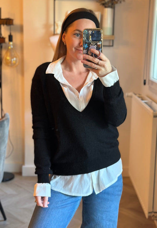 Pull noir col V laine mélangée T.34
