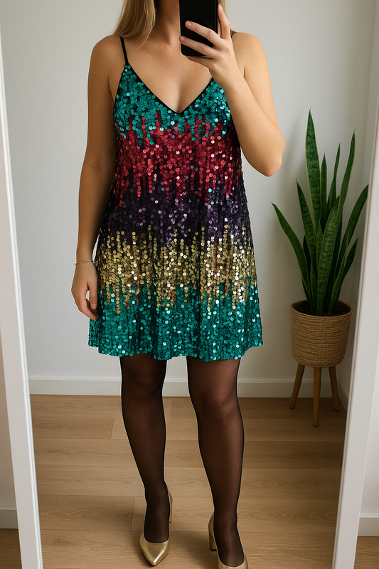 Robe noire à fines bretelles brodée de sequins multicolores T.36/38