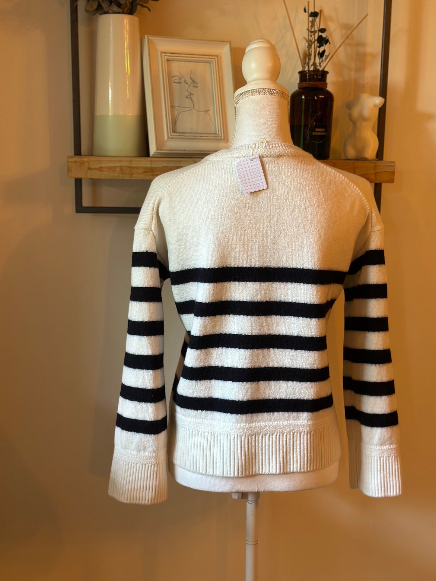 Pull marinière laine mérinos écru rayures noires modèle Bastien T.36