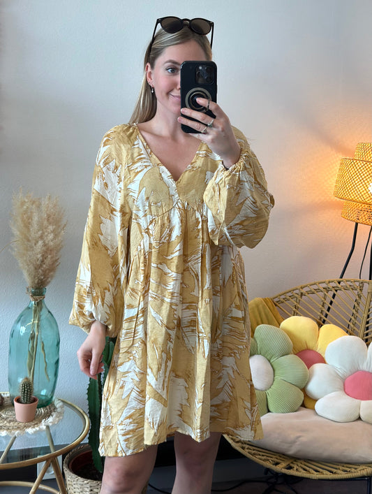 Robe trapèze à motifs jaune et blanc neuve T.34