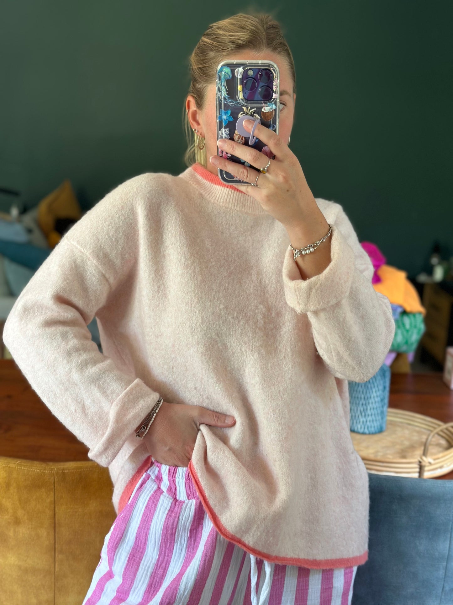 Pull rose en laine American Vintage col contrasté – T.34/36 oversize