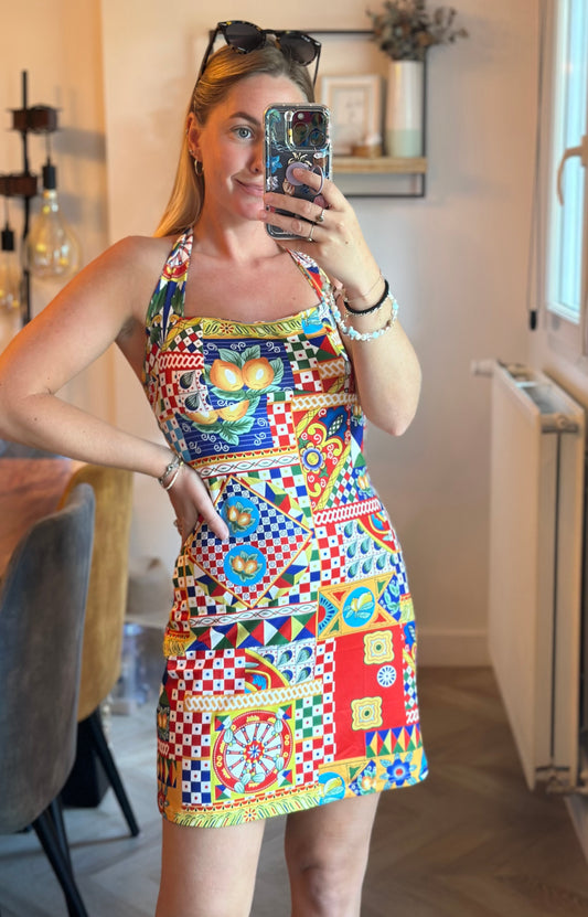 Robe courte dos nu imprimé coloré citron – Style Italie T.36