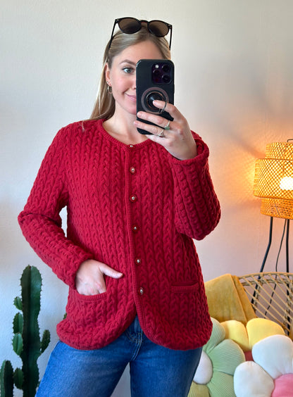 Cardigan rouge en laine, maille torsadée, Vintage T.38/40