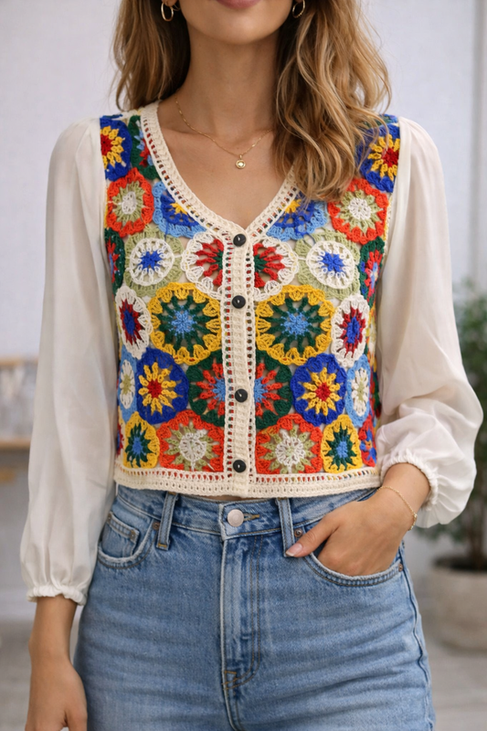 Cardigan en crochet multicolore neuf, T.36