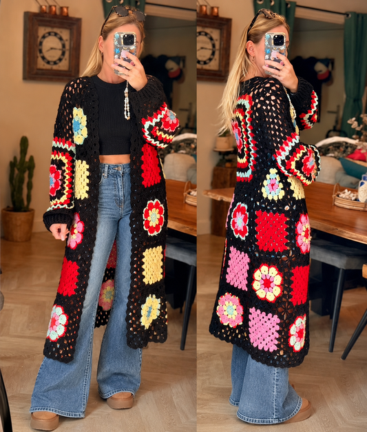 Gilet long crochet fleuri – patchwork, T.U