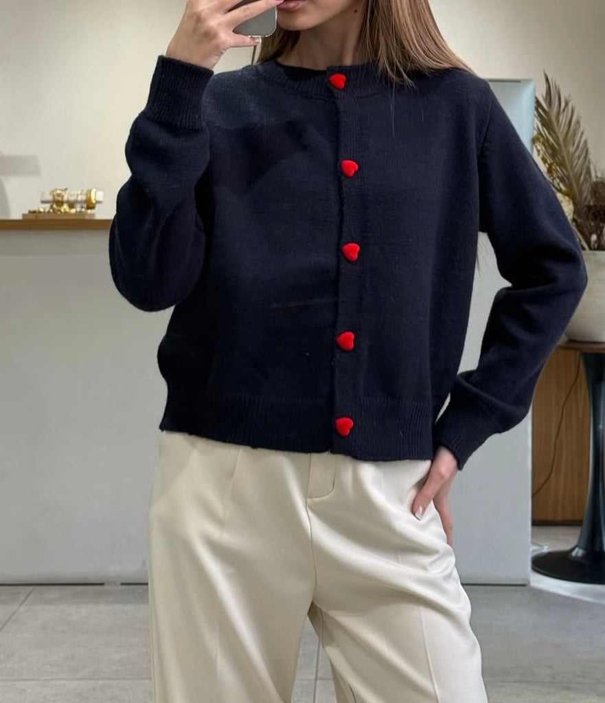 Cardigan marine en maille laine, boutons cœur rouge, T.U