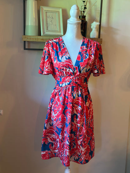 Robe fluide imprimé tropical rouge bleu T.38/40
