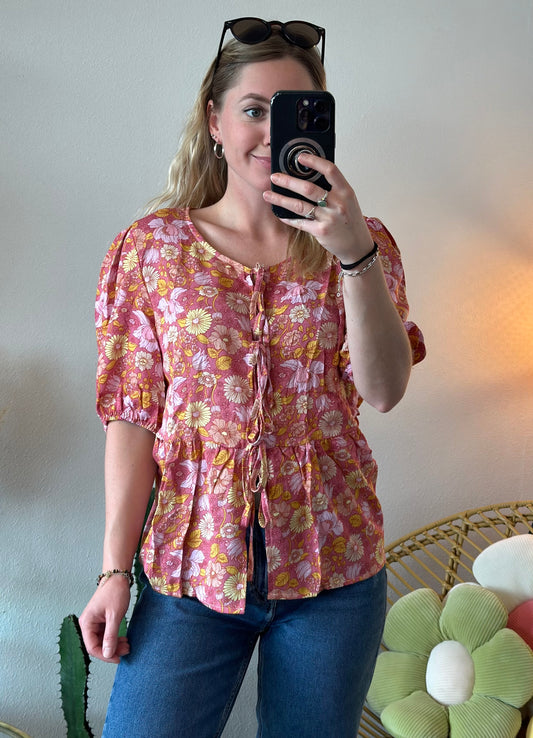 Blouse avec nœud, motifs fleuris rose orange, T.36/38