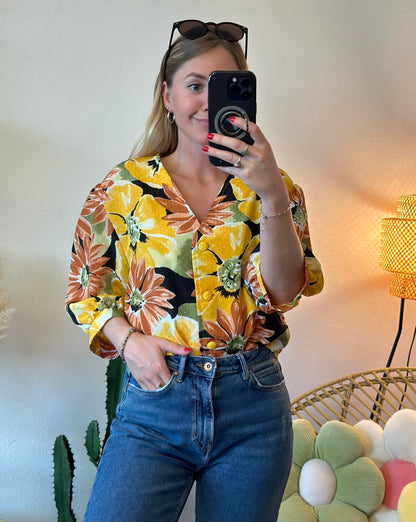 Chemise jaune imprimée fleurs, modèle vintage, T.U