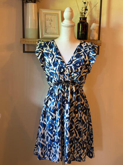 Robe fluide imprimé bleu volantée T.36/38