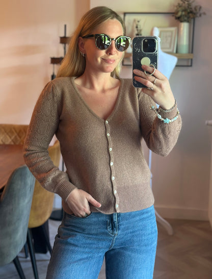 Gilet cardigan cachemire marron clair pailleté T.34