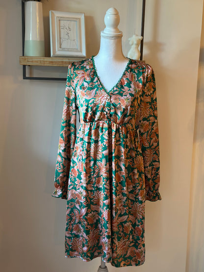 Robe fluide fleurie verte & terracotta T.38/40