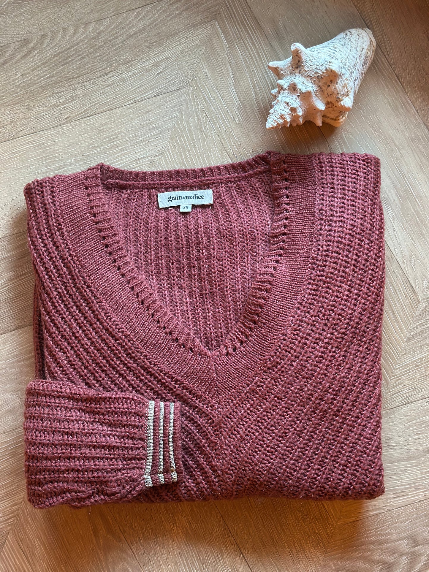 Pull maille col V rose terracotta T.34