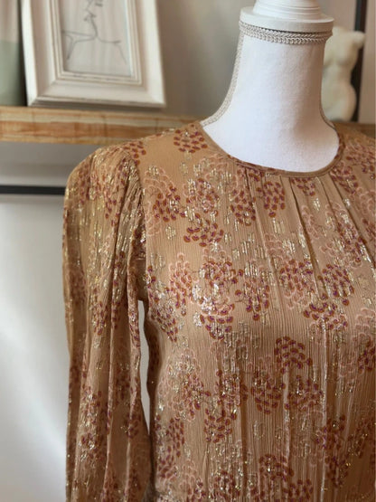 Robe midi imprimé fleuri beige nude et lurex doré taille 34