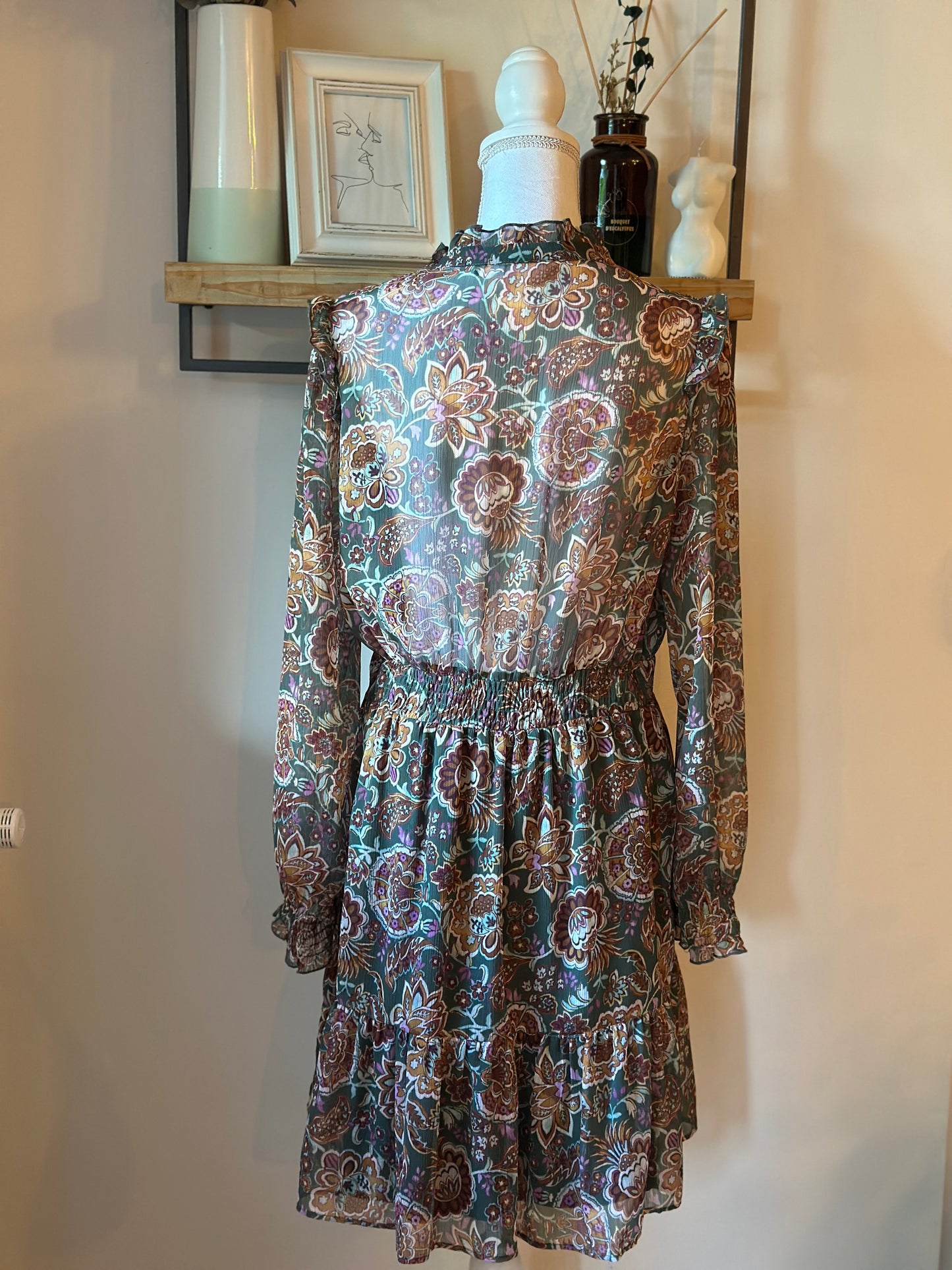 Robe courte imprimé bohème kaki T.40