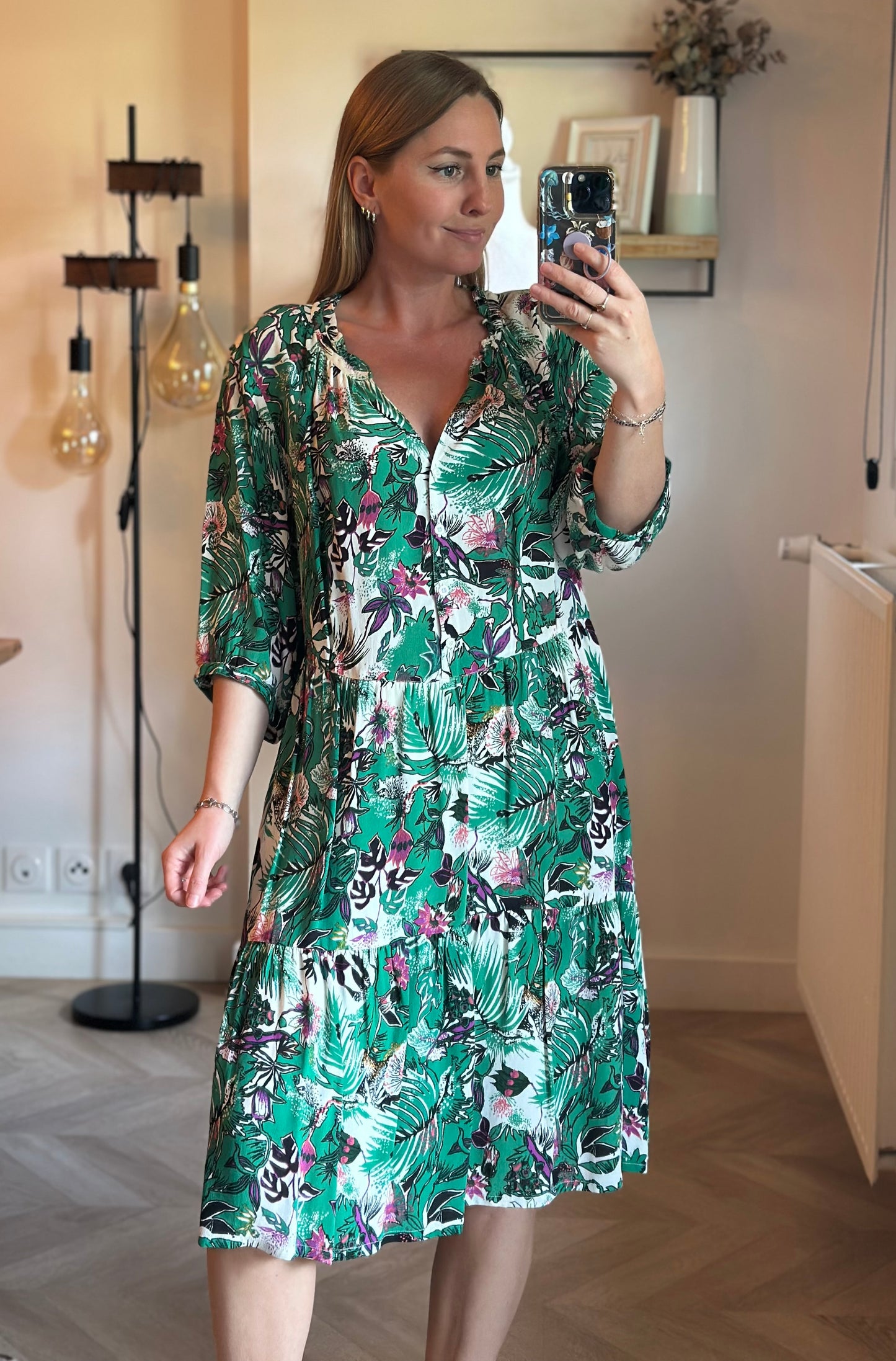 Robe imprimé fleuri végétal vert T.42
