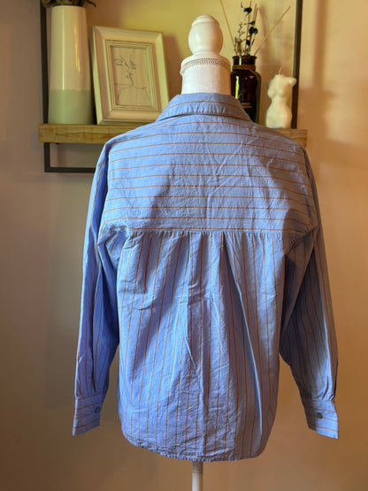 Chemise rayée bleu ciel et camel en coton bio T.34 oversize