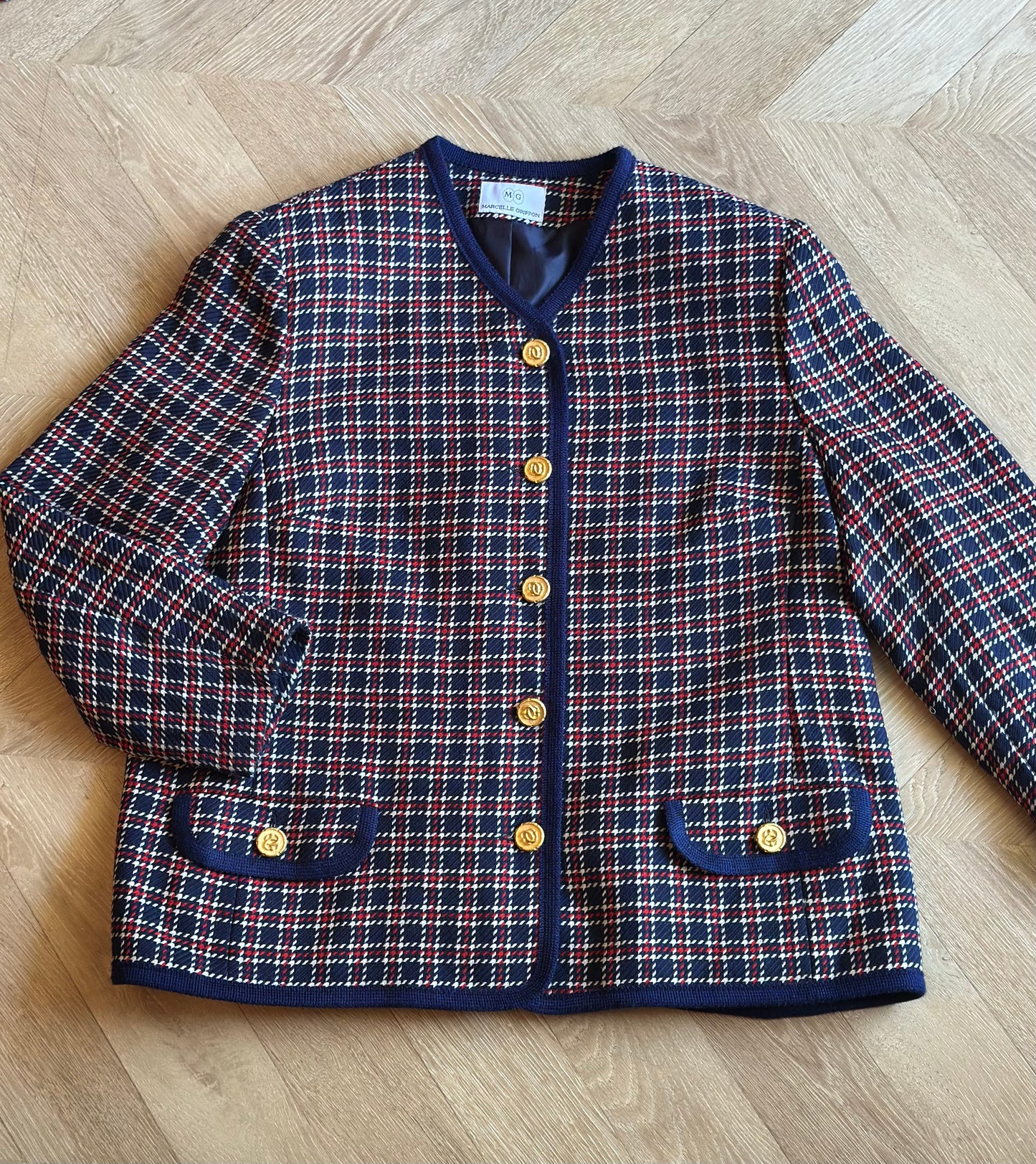 Veste vintage laine à carreaux bleu marine rouge et blanc T.42