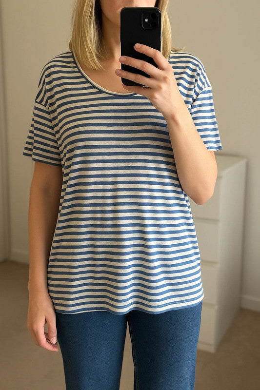 T-shirt rayé bleu et blanc – 100 % lin T.42
