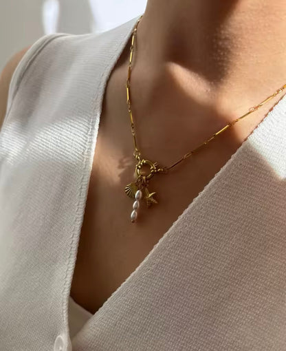 Collier “Trio Marin” – Acier inoxydable 316L, pendentifs coquillage, étoile de mer & perle